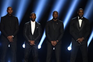 Los Angeles, CA - July 13, 2016 - Microsoft Theatre: Carmelo Anthony (l), Chris Paul, Dwyane Wade and LeBron James during The ESPYS Presented by Capital One (Photo by Joe Faraoni/ESPN Images)
